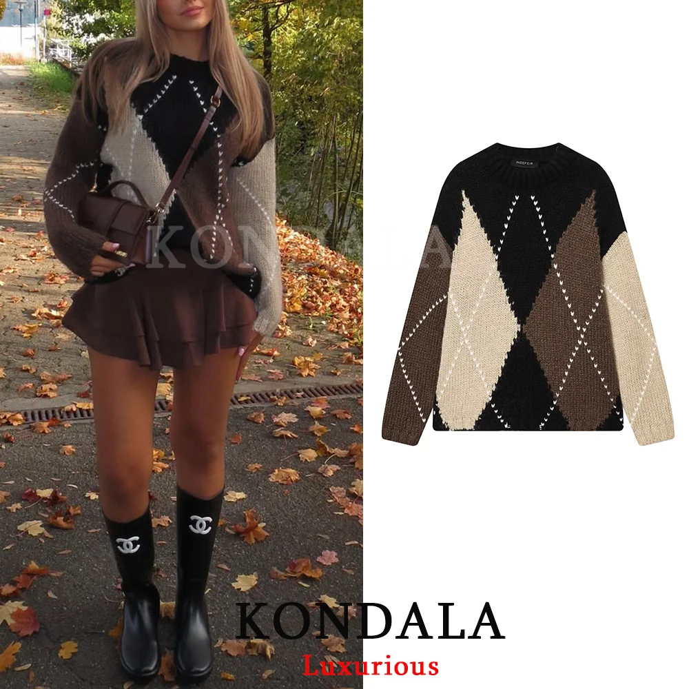 KONDALA Vintage Plaid Knit Sweaters Women Long Sleeve O Neck Loose Thick Tops Fashion 2025 Autumn Winter Thick Warm Sweaters 2