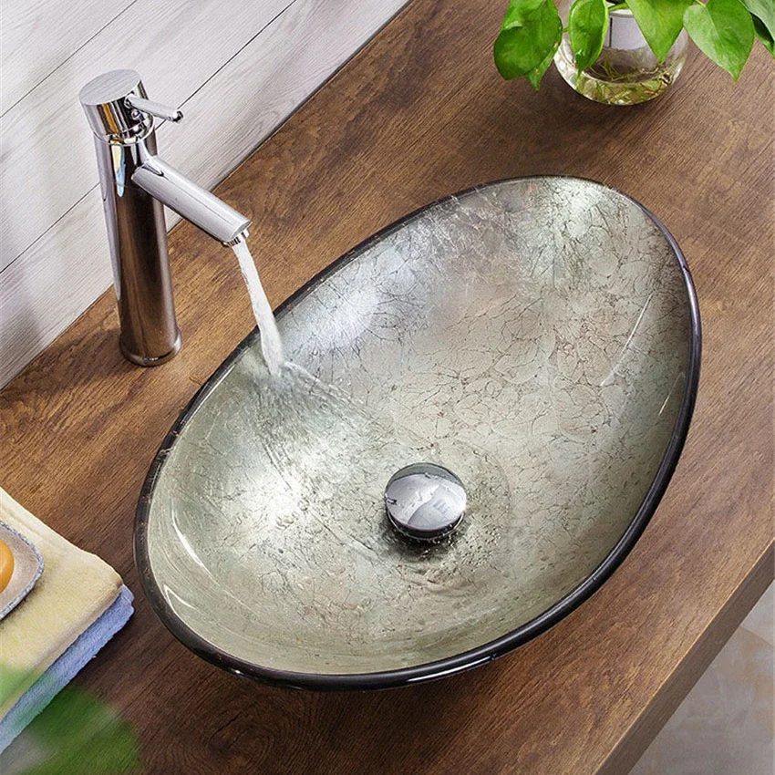 

Art Fashion Washing Basin Oval Washbasin Unique Tempered Glass Basin Sink Faucet Set Simple Bathroom Sink Hotel Counter Basin