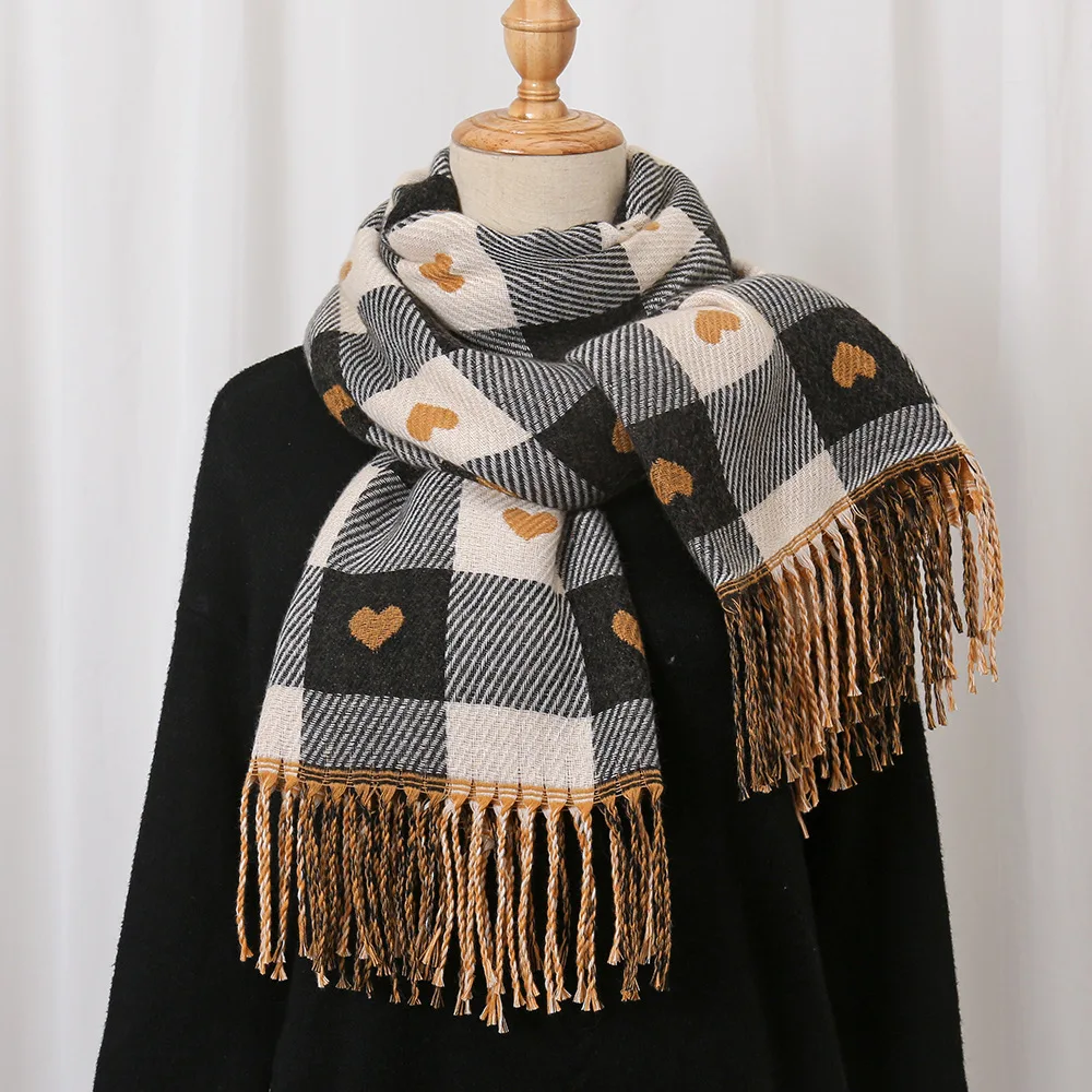 Women's Winter Warm Scarf for Women Love Heart Plaid Imitation Cashmere Scarf Christmas Shawl Neck Accessories New Year Gift