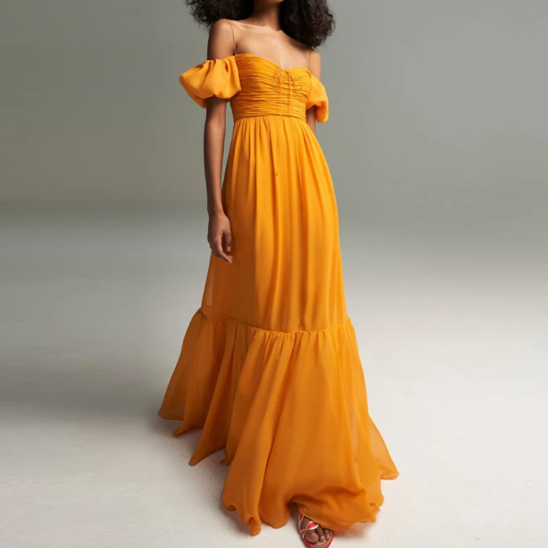 

Women's dress 2023 new one-shoulder sexy backless suspenders temperament pleated ruffled yellow long chiffon dress summer