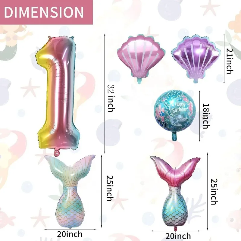 7pcs Mermaid Birthday Decorations Helium Foil Balloon Mermaid Tail Balloons for Kids Rainbow Number Seashell Party Baby Shower