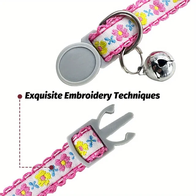 Exquisite Floral Embroidered Cat Collars, Adjustable And Durable Pet Collars, Cat Supplies, Cute Cat Collar With Bell   Perfect 4