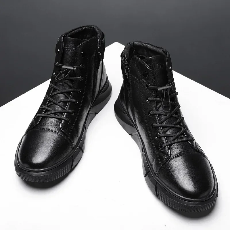 2024 Autumn Winter Fashion Men's Ankle Boots PU Leather High Quality Comfortable Black Leather Platform Casual Shoes 3