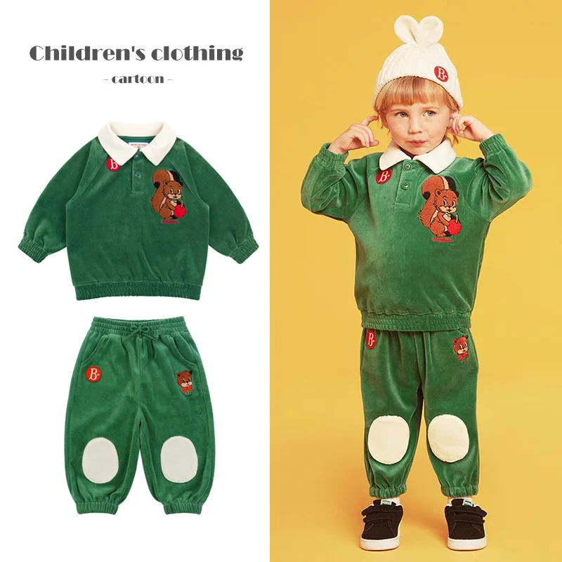 Bear Printed Velvet Stuff Winter Dress For Baby Boy In Green Color main image 1