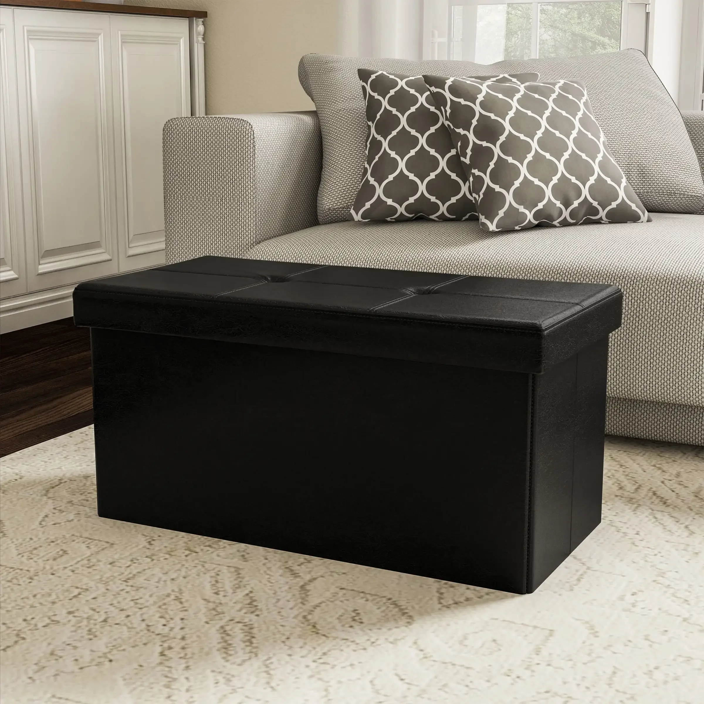 

Large Foldable Storage Bench Ottoman  Tufted Faux Leather Organizer by Lavish Home (Black)