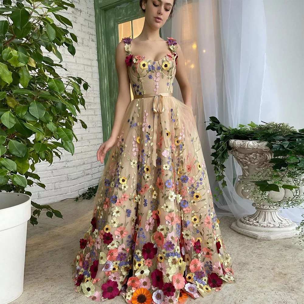 

2023 Exquisite 3D Flowers Prom Sweetheart Floral Straps A-Line Evening Gowns Formal Party Dress with Pockets Vestidos De Gala