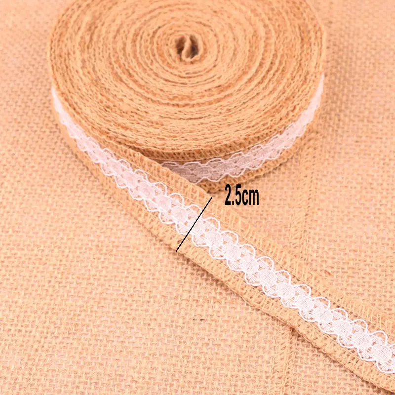 Ribbon Decoration 2 Meters 25mm Natural Jute Burlap With Lace