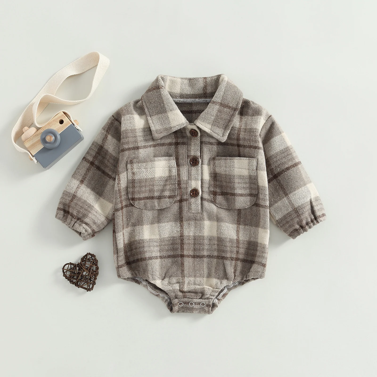 Citgeett Autumn Infant Baby Boy Bodysuit Buttons Lapel Long Sleeve Plaid Pattern Jumpsuit Pockets Fall Clothes