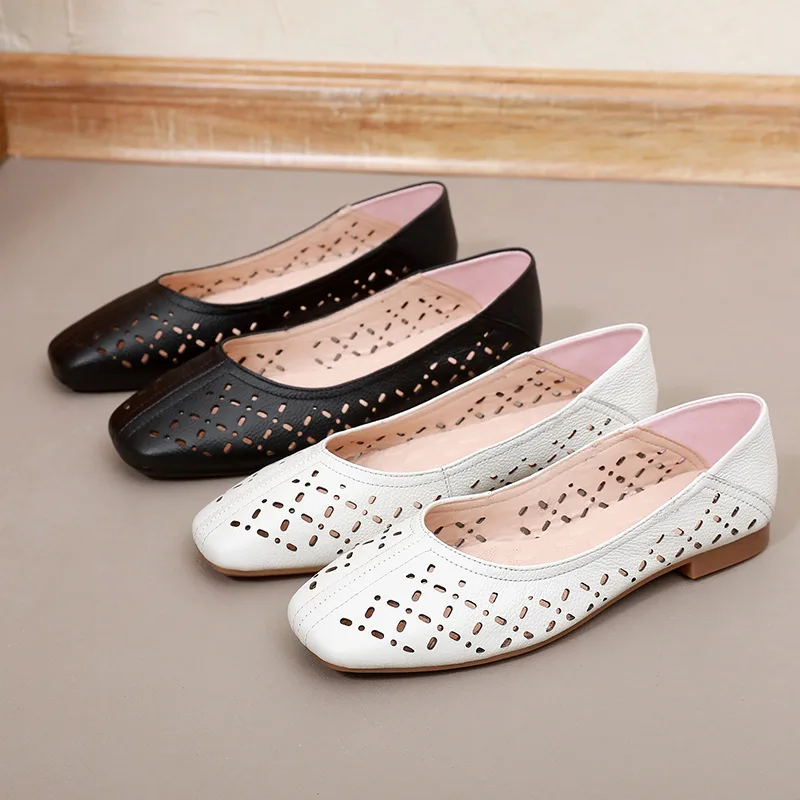 Women Shoes Leather Loafers Square Toe Slip On Flat Shoes Women Soft Bottom Hollow Out Shoes Women Breathable Casual Shoes
