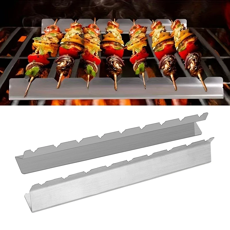 2 PCS Skewer Holder Anti-slip Groove Stainless Steel Heavy Duty Long BBQ Tools Barbecue Grilling Shish Kabob Rack Outdoor Tools