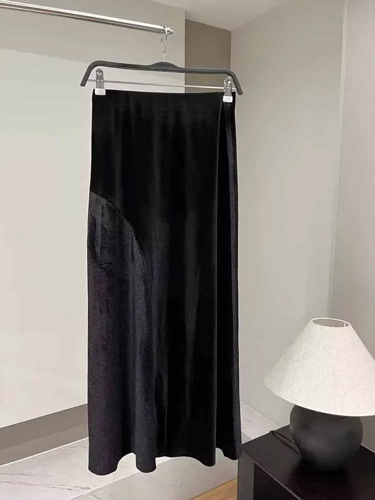 

Women 2023 New Chic Fashion Black Casual Pleated draped Velvet Midi Skirt Vintage High Elastic Waist Female Skirts Mujer
