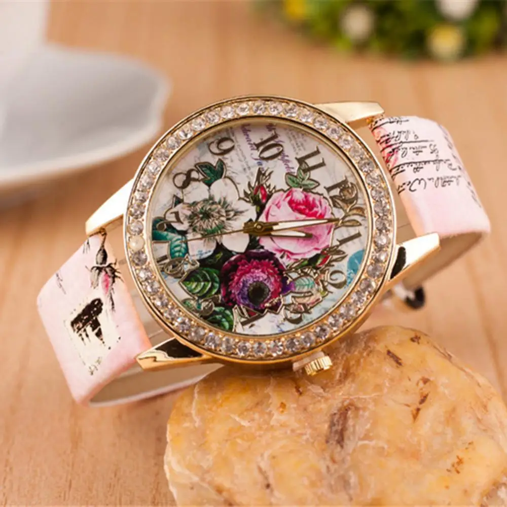 

Women Rhinestone Inlaid Flower Round Dial Faux Leather Band Quartz Wrist Watch