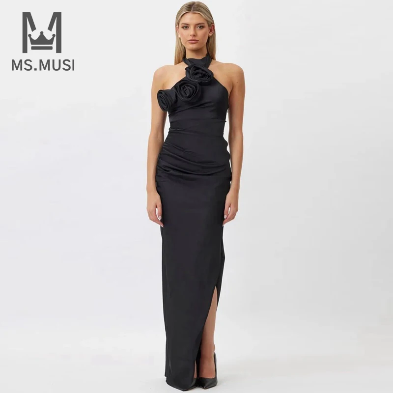 

Новинка 2024, модное женское сексуальное платье MSMUSI с цветочным принтом, без рукавов, с открытой спиной, облегающее платье-макси с разрезом, длинное платье