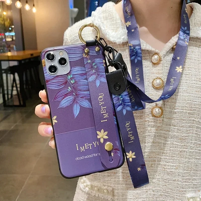 Floral Leaf Lanyard Phone Case with Wrist Strap Holder