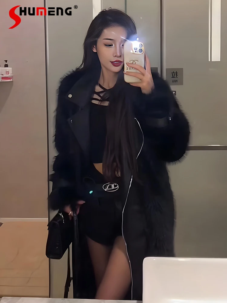 

Черное высококачественное пальто из искусственного меха для защиты окружающей среды зимние Утепленные мотоциклетные пальто средней длины из лисьего меха