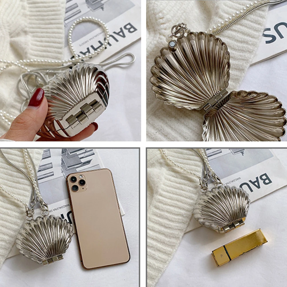Women Handbags Metallic Mini Shell Bag Pearls Chains Shoulder Crossbody Bag Luxury Small Lipstick Coins Purses Designer