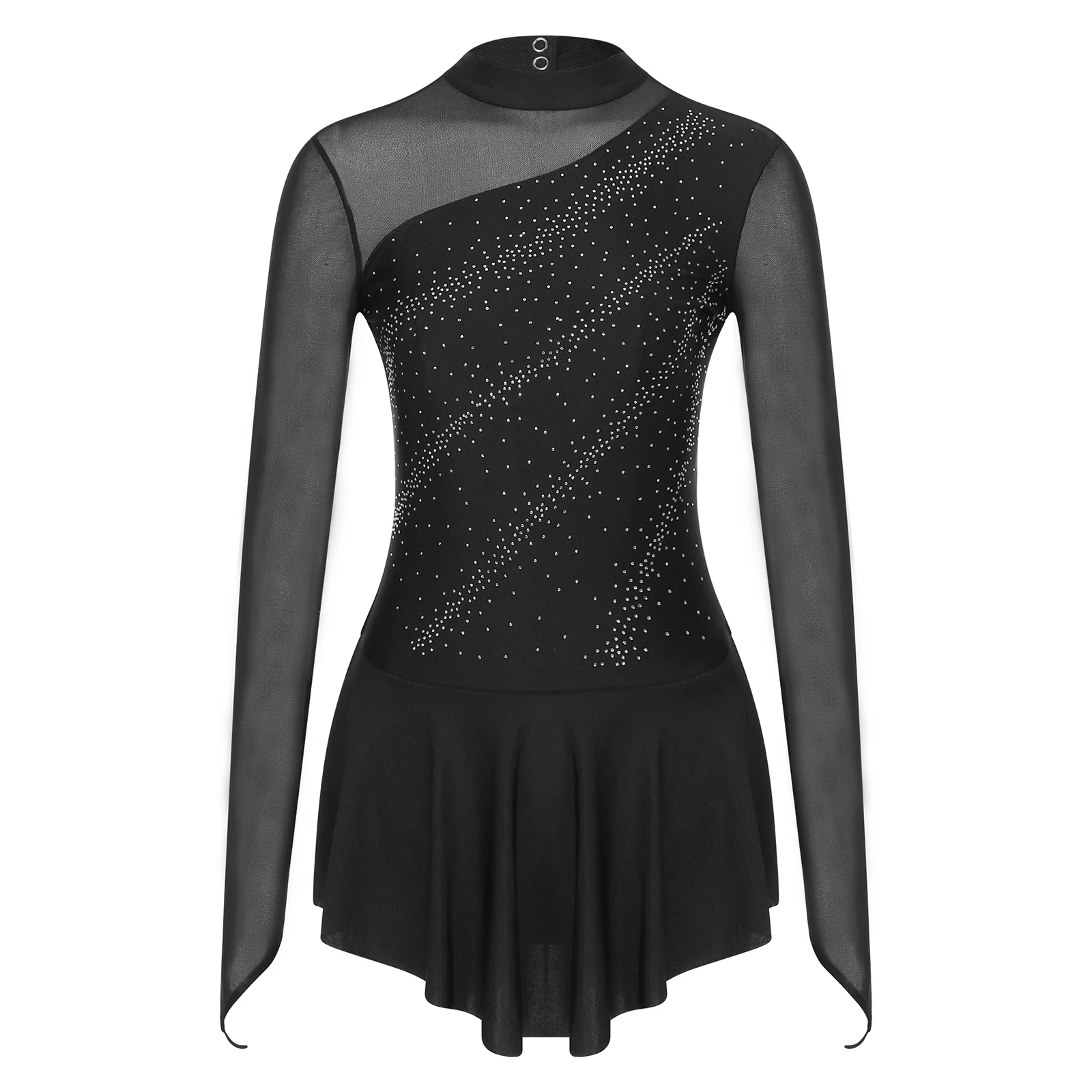 

Womens Ballet Lyrical Dance Dresses Glitter Rhinestone Long Sleeve Sheer Mesh Ballet Leotard Dress Roller Figure Skating Costume