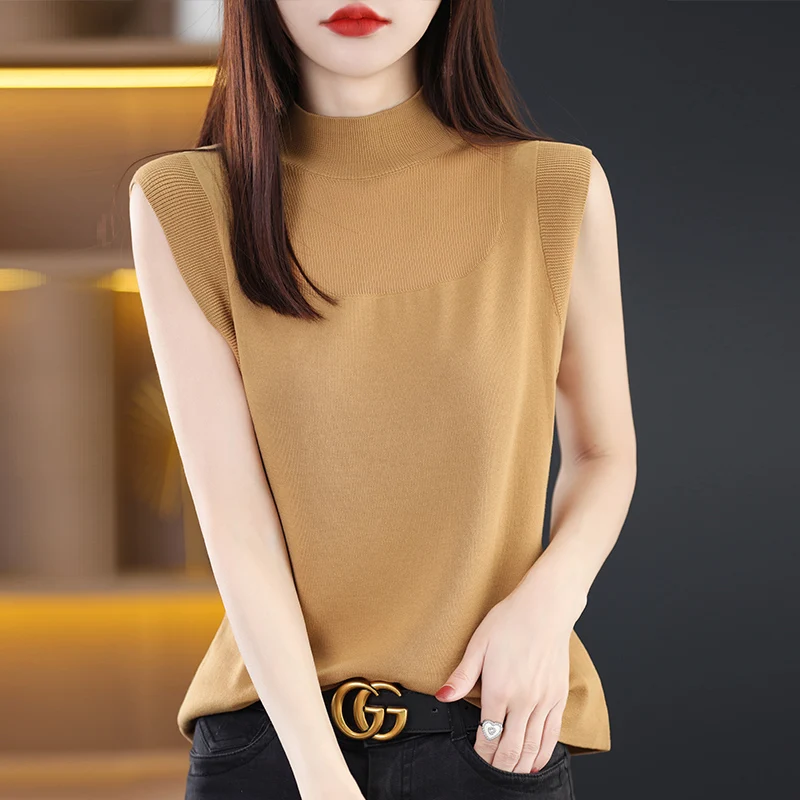 

Summer Worsted Thin Semi-High Neck Sleeveless Knitted Fashion Vest Women's Short Loose Versatile Sling Bottoming Top