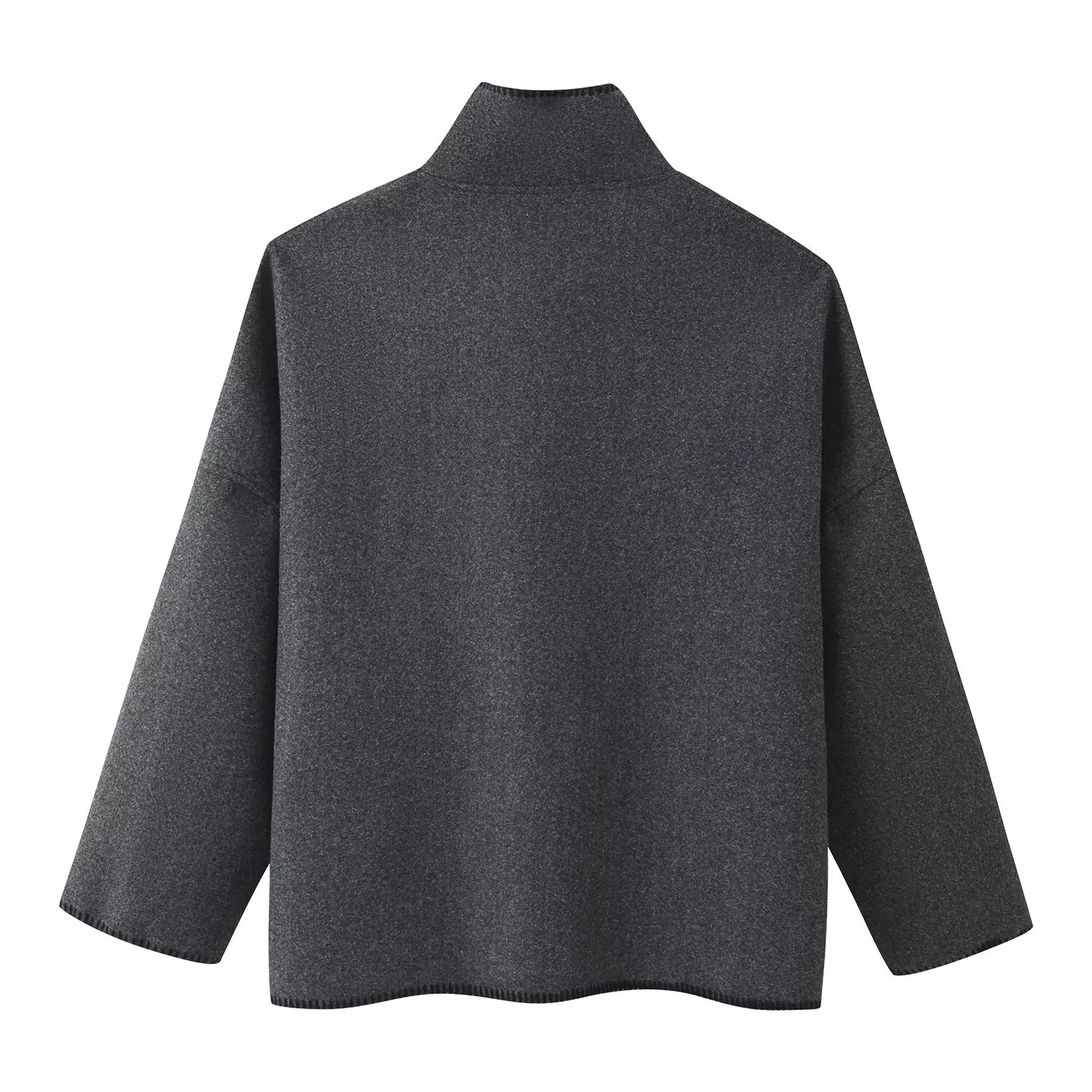 Women Loose Shoulder Sleeves Wool Coat Female Autumn Elegant High Neck Long Sleeve Button Jacket Lady Causal Overcoats Chic Tops