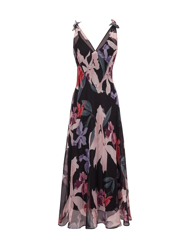 

Sweetsince Summer Beach Dress Women's French Fashion Sling Backless V-neck Chiffon Big Swing Print Dress Sexy2022 Designer New