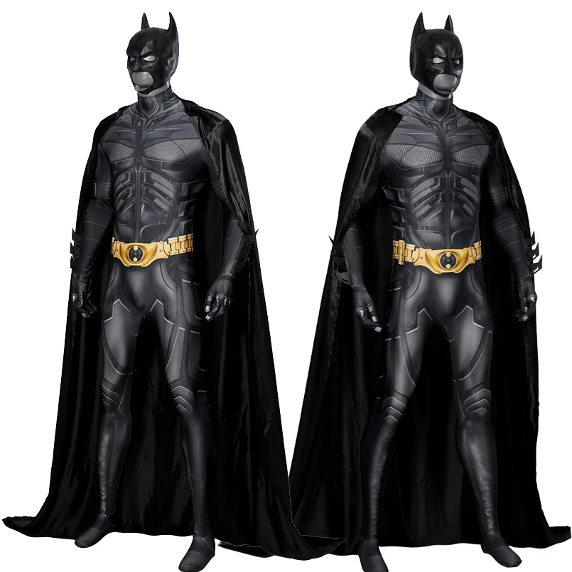 

Halloween Carnival Superhero Bruce Cosplay Bat Costume Dark Knight Jumpsuit 3D Printing Bodysuit WIth Black Cape Mask