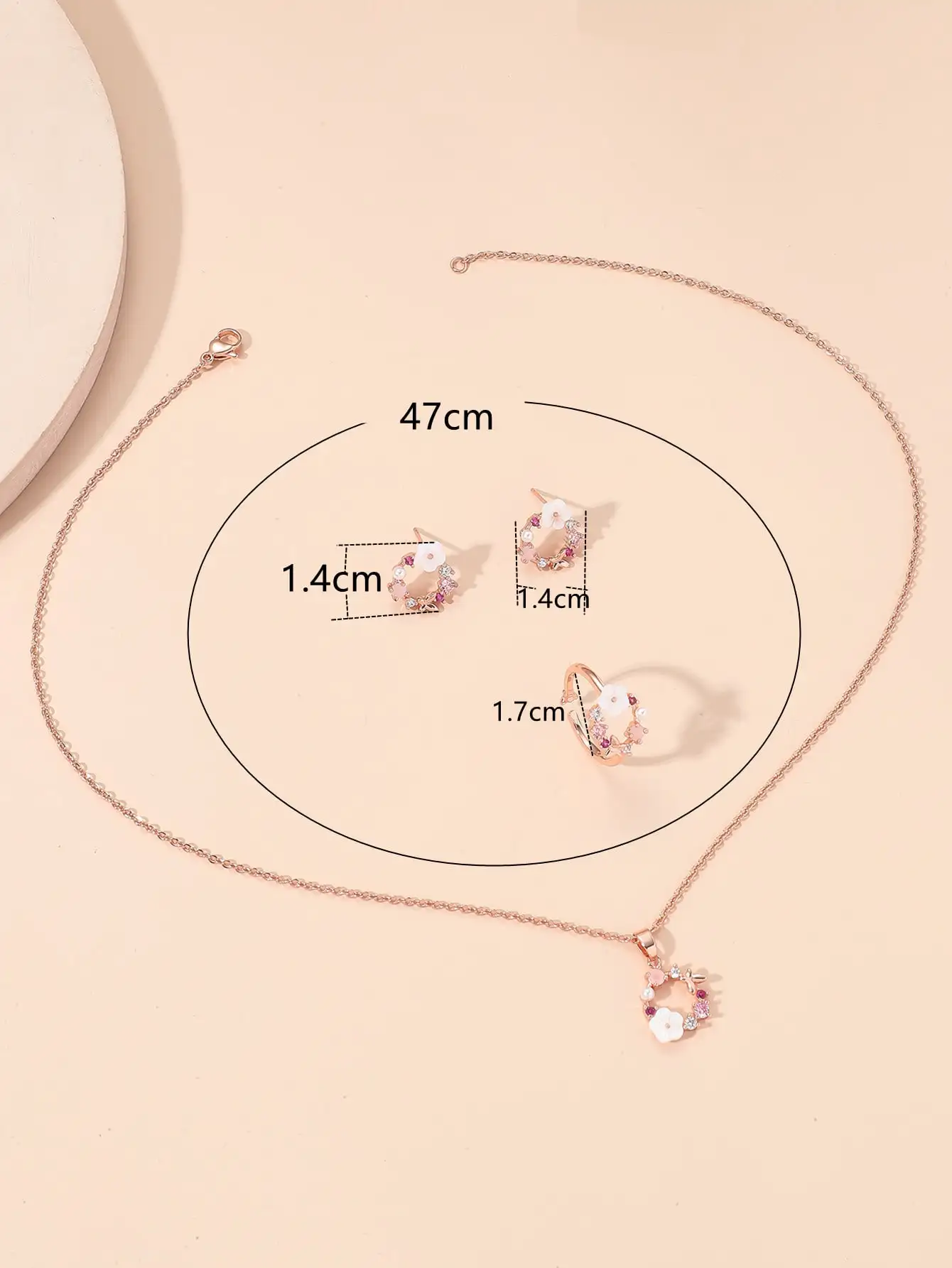S485655c73a2742d891d4940430f62febu 4 Pieces Rose Gold-color Lady Flower Fashion Accessories Zircon Simple Ornate Exquisite Necklace Ring Earrings Jewelry Set Mallzona