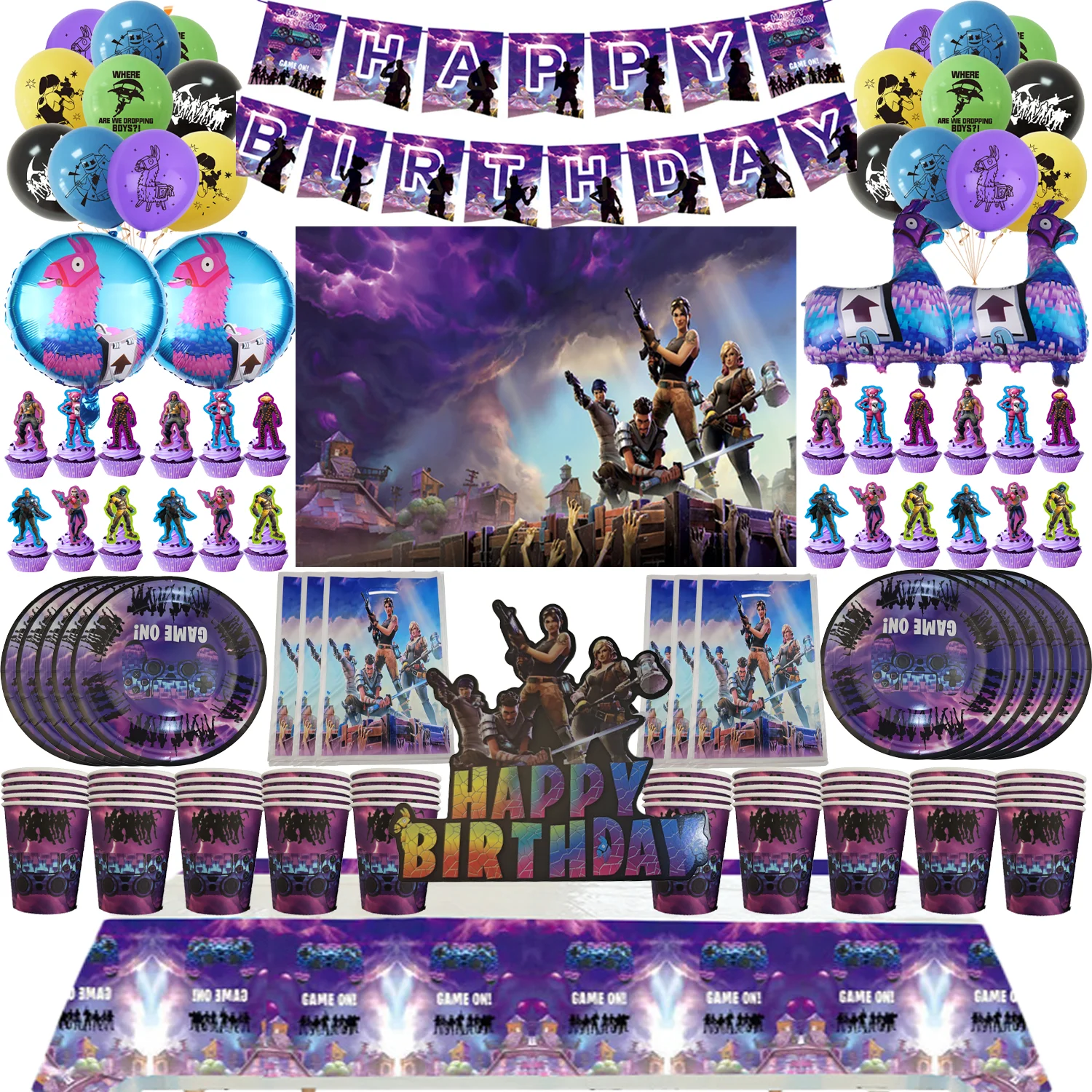 Schießspiel Fortnition Party Dekorationen Geschirr Tassen Teller Cartoon Alpaka Lama Folienballons Babyparty Partyzubehör