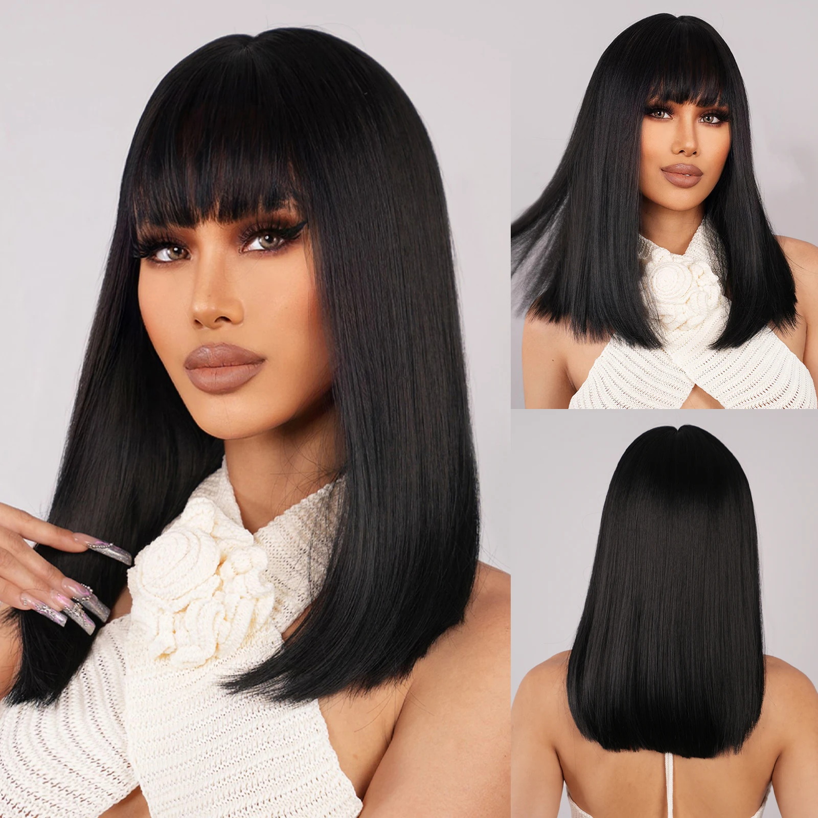 

Black Straight Synthetic Wigs With Bangs Natural Shoulder Length Wig for Afro Women Bob Cut Hair Daily Use Coslay Heat Resistant