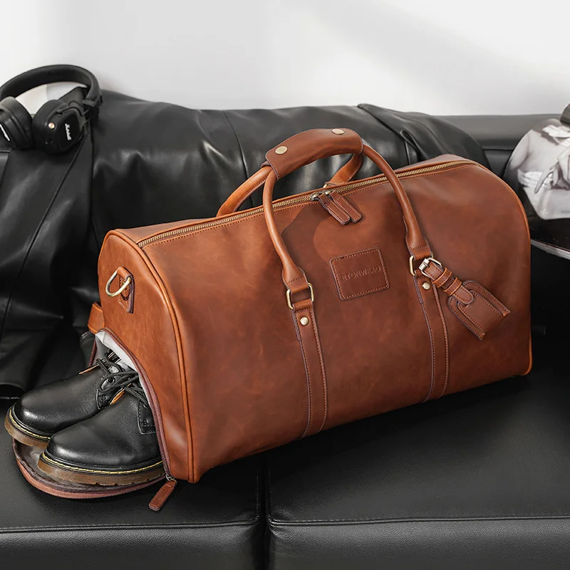 High Quality PU Leather Travel Bag Men Large Capacity Handbag Retro Luggage Bag With Shoe Pocket Male Casual Duffle Bag