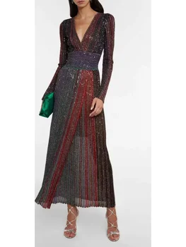 Rainbow Striped Dress V-neck Slim Fit Elegant Fine Gold Thread Maxi Evening Dress, Luxurious Women's Sexy Pleated Dress