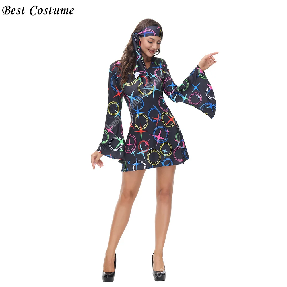 

70's Clothing Disco Dress for Women Sexy Dress Off Shoulder Long Sleeves Shiny Print Halloween Hippie Disco Costume
