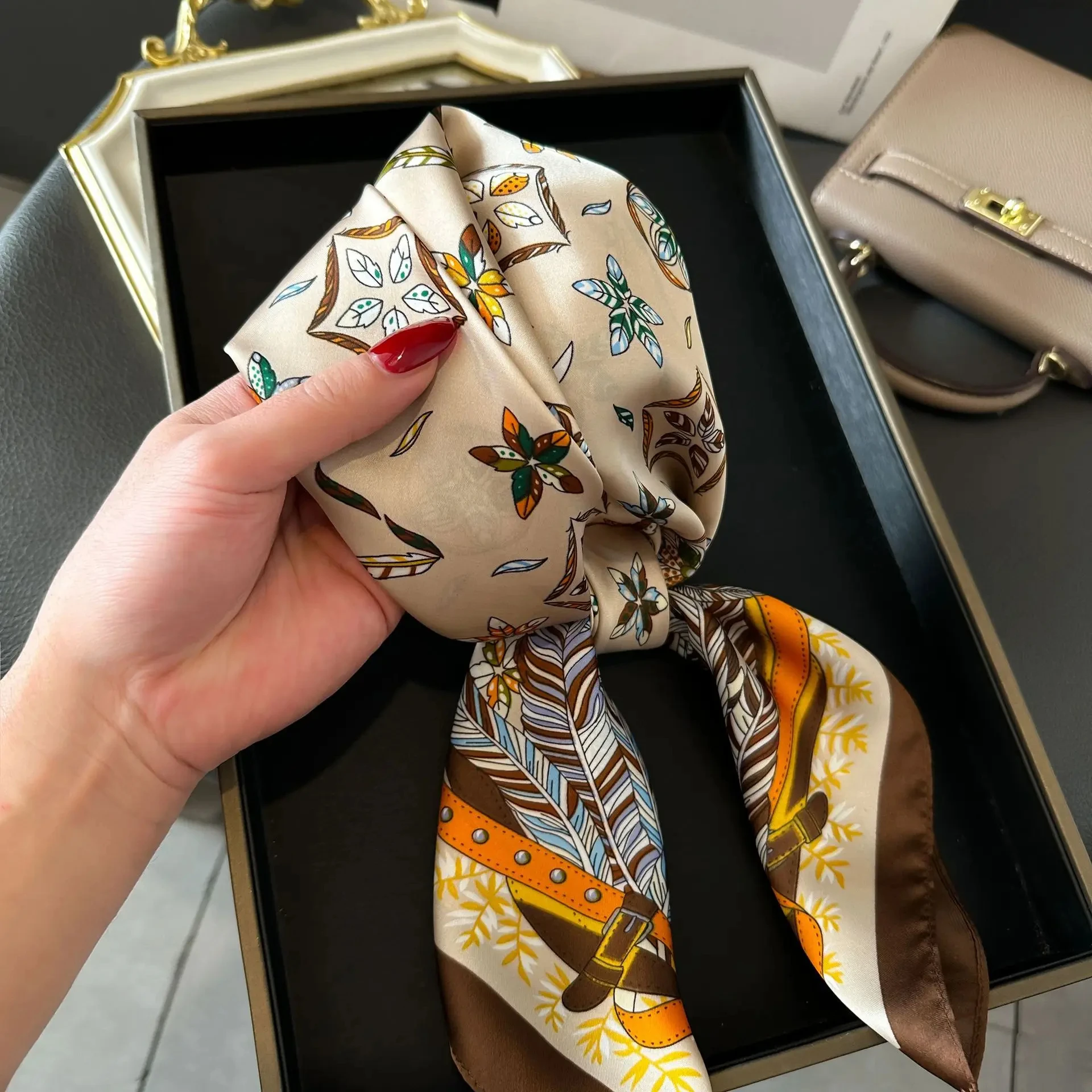 Women Head Silk Scarves Girl Luxury Silk Square Plaid Scarf Women Satin Neck Hair Tie Band Soft Work Neckerchife Scarf Hijab