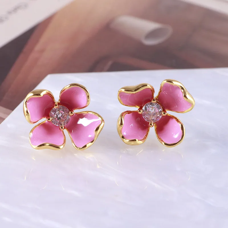 Cut Enamel Sparkling Pink Small Flowers Fresh Youthful Romantic Stud Earrings Necklace Piercing Jewelry Set Boho Trendy Korean