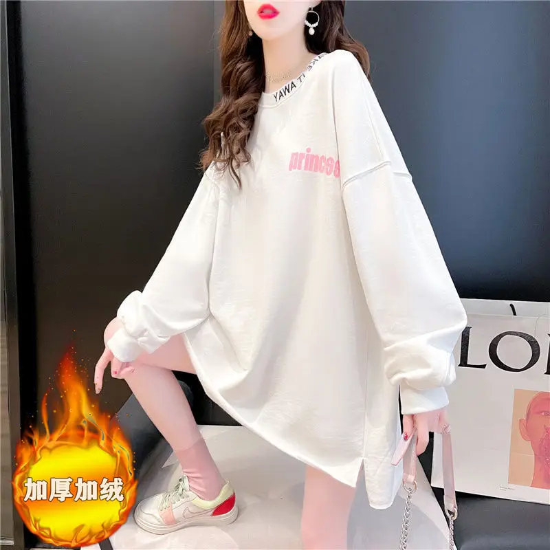 DAYIFUN-Embroidered Letter Sweatshirt Mid-length Long-Sleeve Pullovers Hoodies Monochromatic O-neck Tops Oversized Spring Autumn
