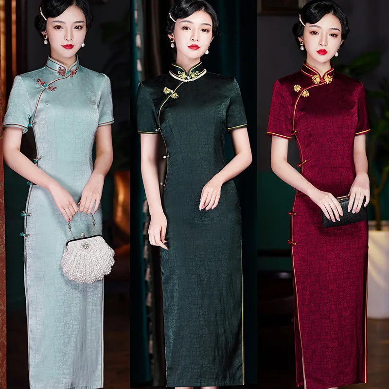 

2023 Cheongsam Long Female Self-cultivation Temperament Retro Chinese Qipao Women Tradutional Tang Suit Hanfu Evening Dress