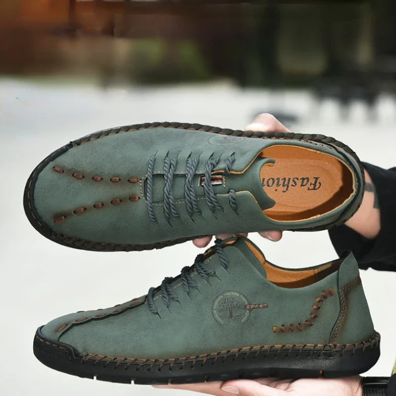 

2023 New Handmade Leather Shoes Comfortable Men Casual Shoes Fashion Men Driving Shoes Lace up Men Flats Повседневные кроссовки
