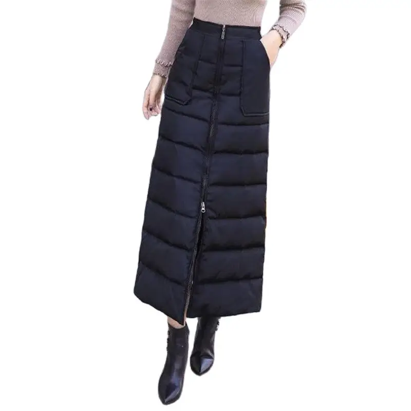 

Модная осенне-зимняя хлопковая юбка, женские юбки, модная новинка 2023, ветрозащитная теплая хлопковая юбка на пуху, черные юбки на молнии