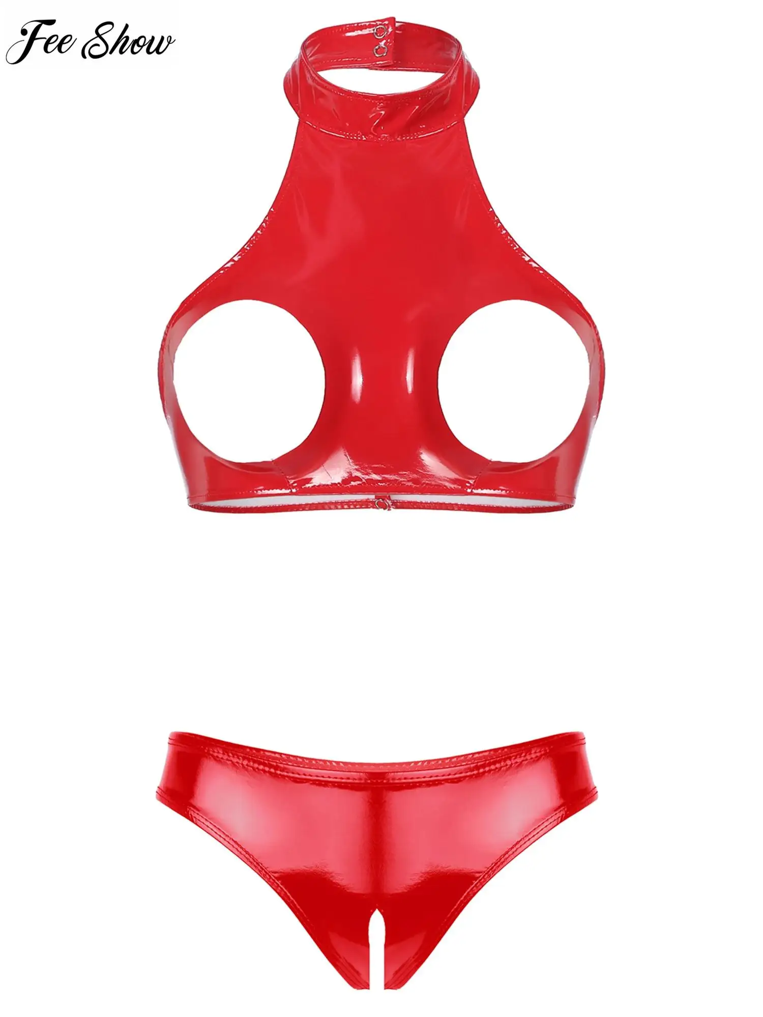 

Женские комплекты нижнего белья из 2 предметов, влажный вид, лакированная кожа, без рукавов, Холтер, открытый бюст, открытая спина, короткий топ с открытой промежностью, трусы с высоким вырезом