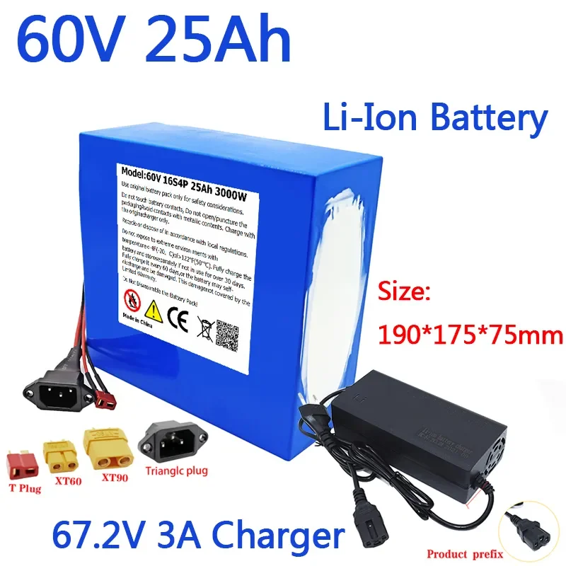 

60V 25Ah Electric Bike 21700 Battery for Scooter Motorcycle 67.2V 16S4P 3000W rechargeable battery with same port BMS charger