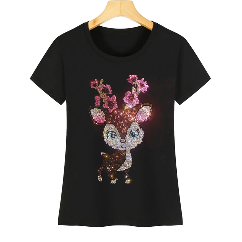 

High quality diamond T-shirt women's summer short-sleeved women's fashionable cute little deer crystal round collar pure cotton