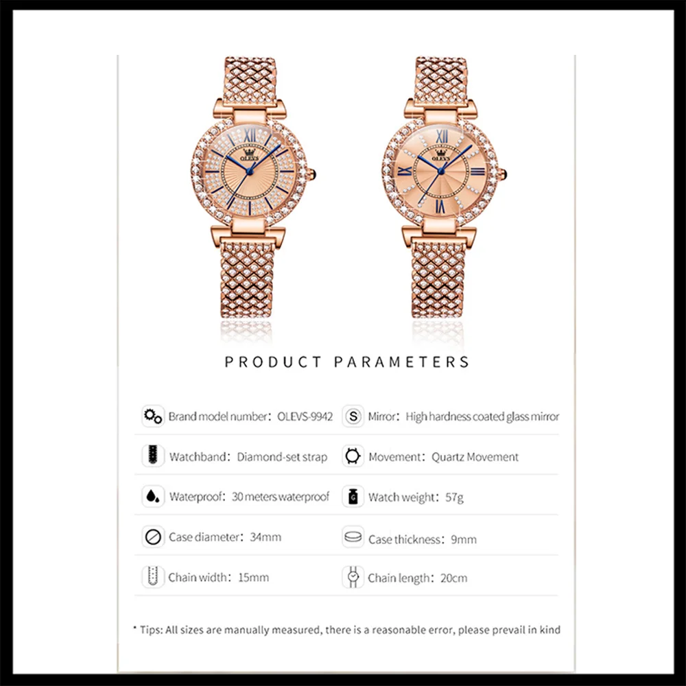 OLEVS Fashion Quartz Watch for Women Luxury Stainless Steel Strap Diamond Inlay Dial Women's Watches Waterproof Wristwatch Reloj