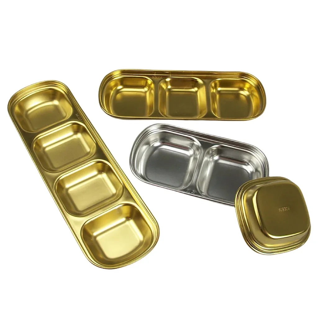 1/2/3/4 Grids Stainless Steel Seasoning Dish Korean Metal Barbecue Sauce Dipping Dish Plate BBQ Restaurant Kitchen Tableware