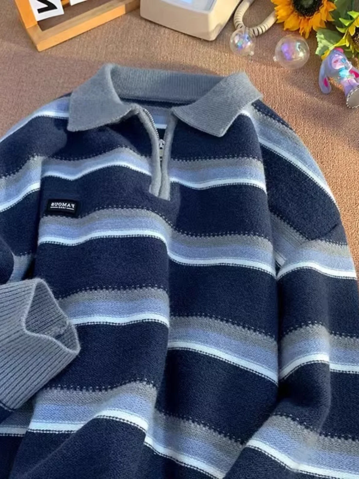 Retro Striped f Zip  Ne Sweater ex Winter Loose Lazy Sle Small ence Design Top Youth Vitali Sle Long S...