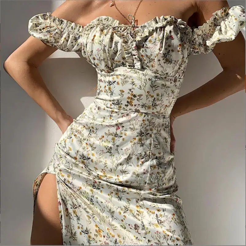 

2023 Summer Floral Off Shoulder Puff Sleeve Dress For Woman Robe Sexy Lace Up Side Split Chic Mid-Calf Aesthetic Dresses p937