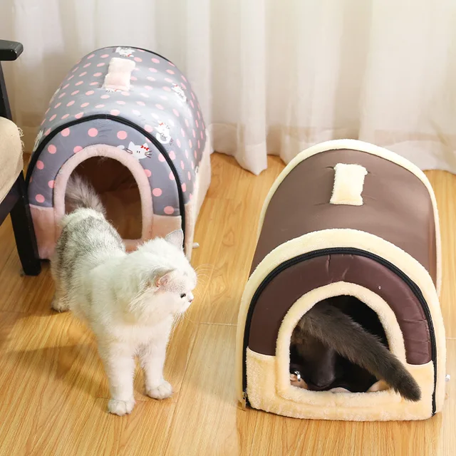 Niche d'intérieur fermée en peluche douce pour animaux de compagnie avec coussin parfait, panier de couchage chaud – Image 3