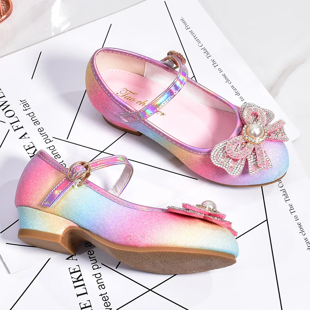 Leather Shoes Girls Shoes Girls High Heel Shoes Girls' Leather Princess Shoes Children's Shoes Round-Toe Soft-Sole Girls High Heel Princess Crystal Party Dance