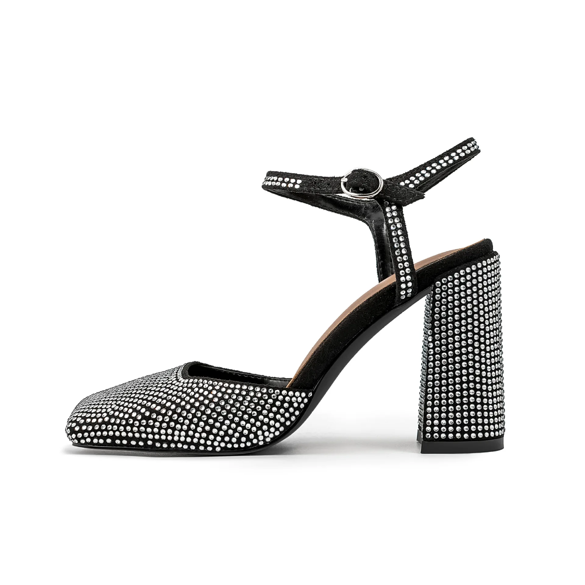 

New Square Headed Shallow Mouth Thick Heel One Line Sandals~Summer Sardine Full of Diamond Buckle Super High Heel Baotou Sandals