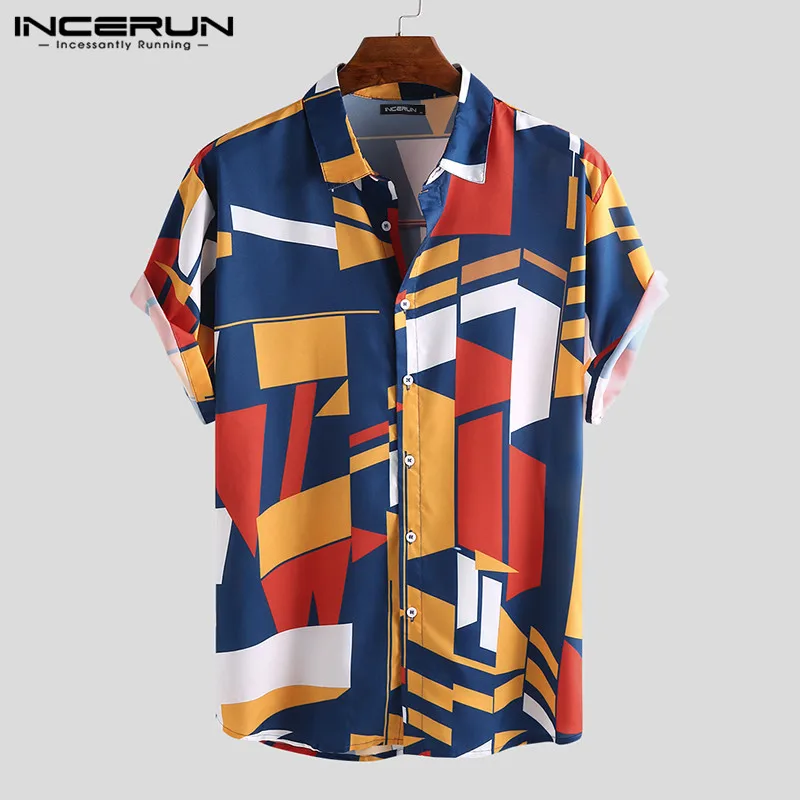 INCERUN Summer Men Beach Shirt Geometric Print Short Sleeve Lapel Neck Button Leisure Hawaiian Shirts Men Streetwear S-5XL