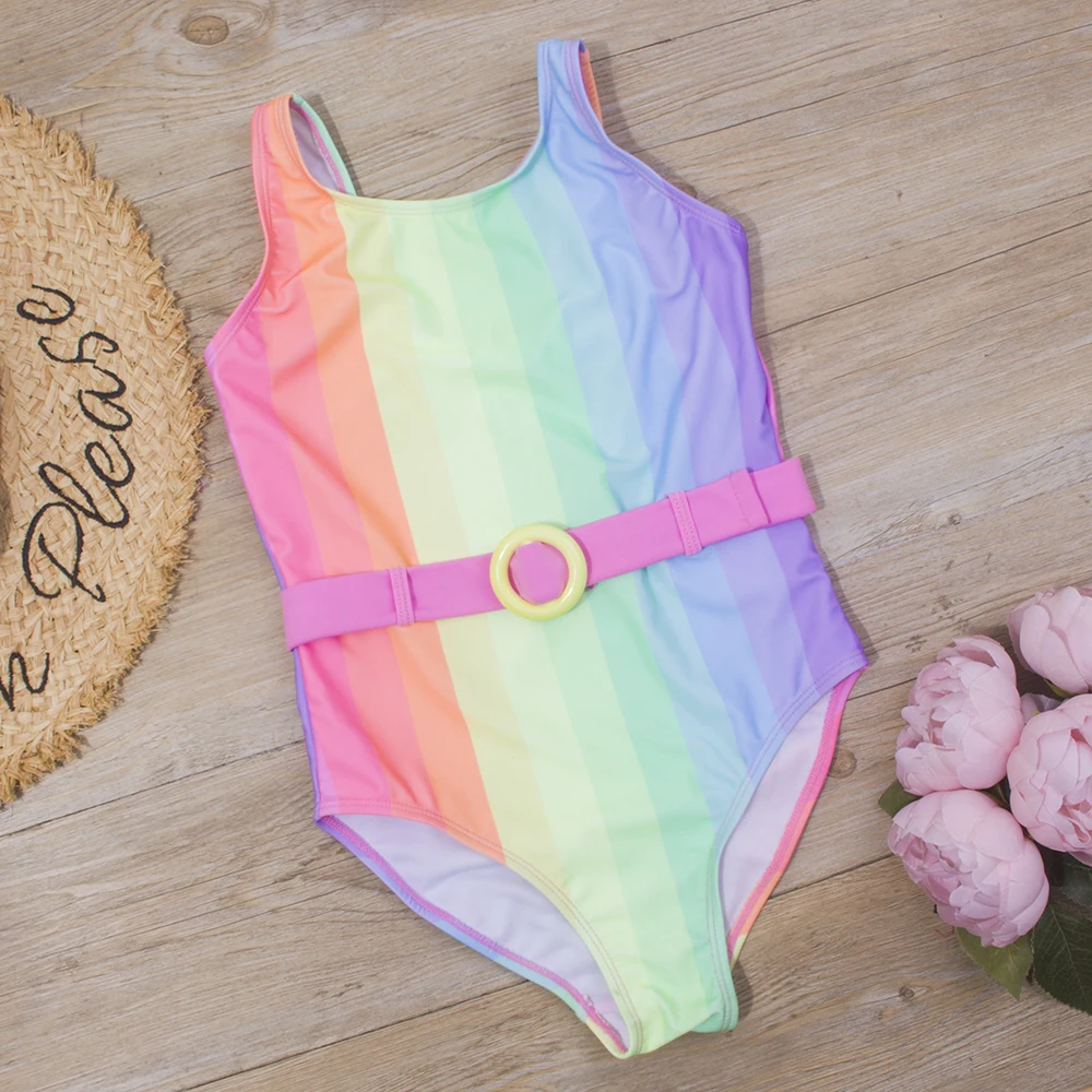 7-14 Years Rainbow Print Kids Girls One Piece Swimsuit Children Baby Summer Swimwear Monokini With Belt Brand Child Bathing Suit, one piece swimsuit, children swimsuit, unicorn swimsuit, children swimsuits