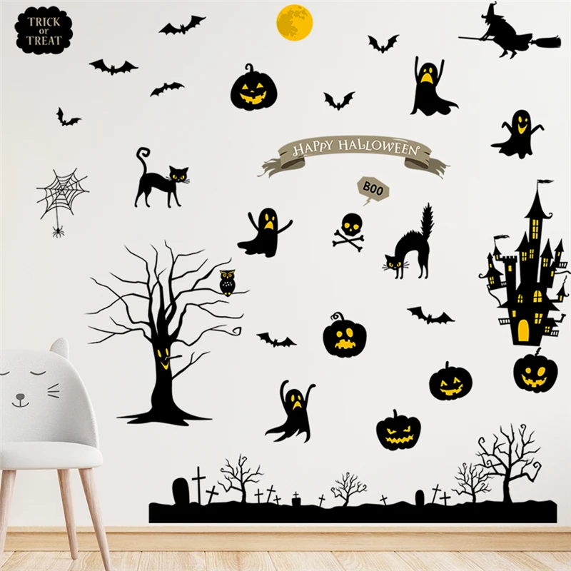 

Cat Bat Spider Ghost Tomb Happy Halloween Wall Stickers For Home Decoration Diy Festival Mural Art Kids Decals Hallowmas Posters